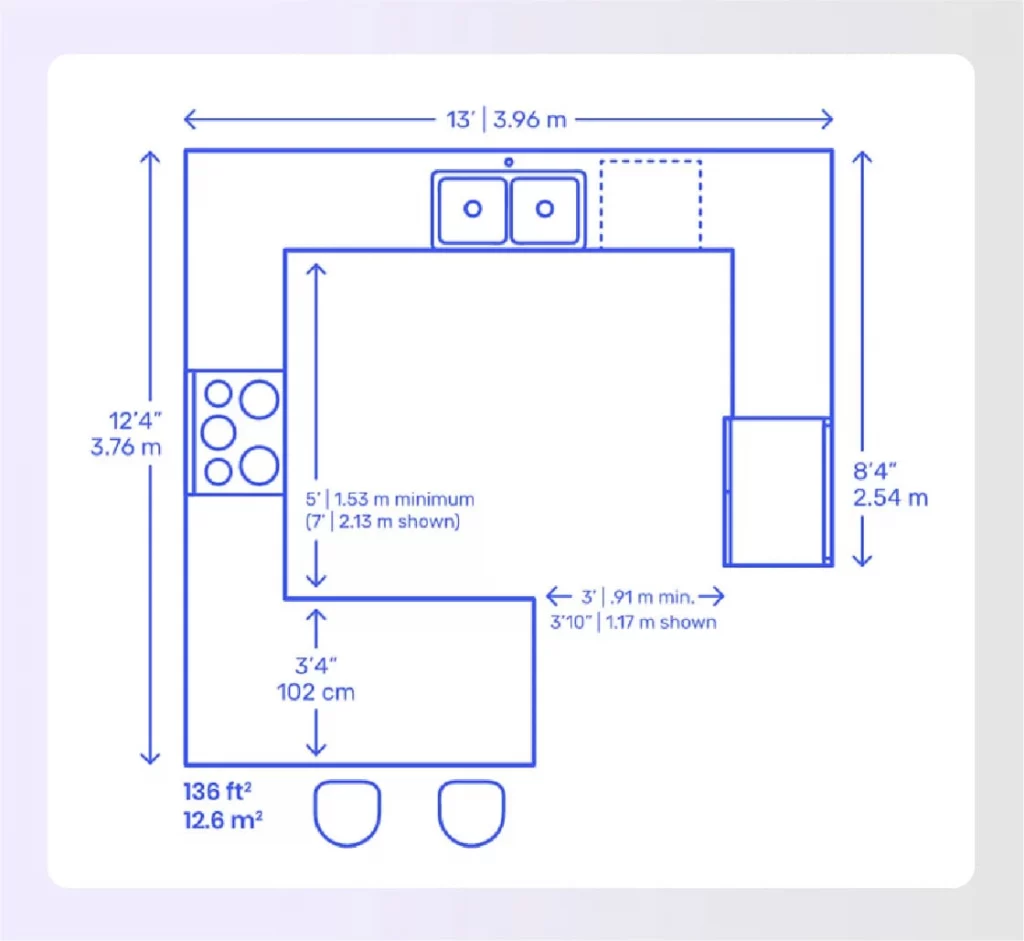 Floor plan for a G-shaped kitchen with a peninsula