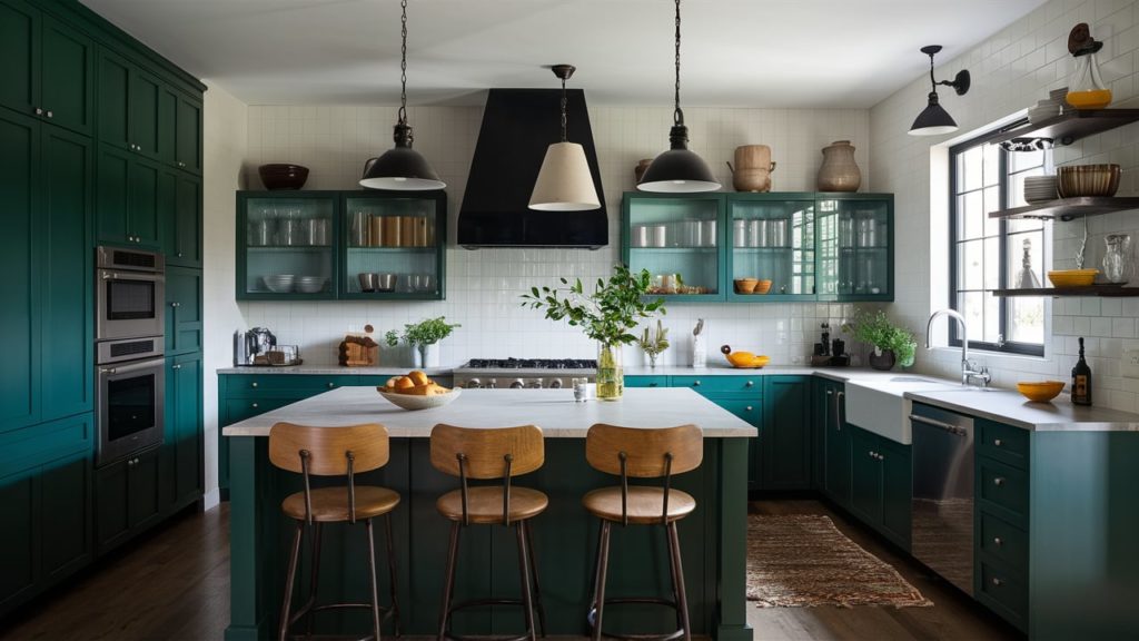 A modern kitchen with forest green cabinets, light gray countertops, and a white subway tile backsplash.