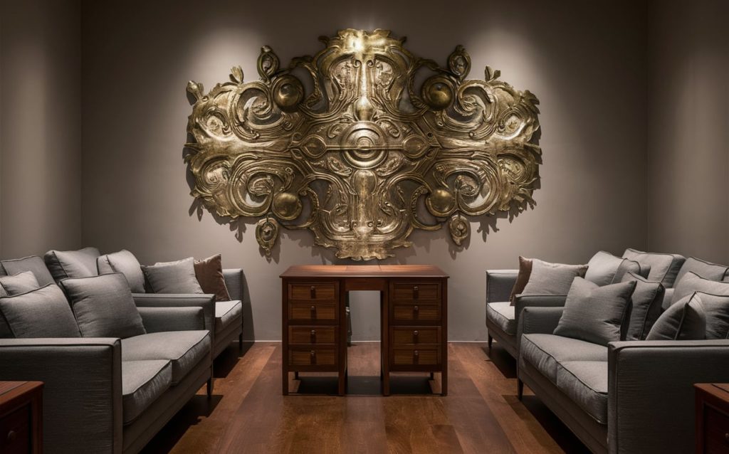 A modern, minimalist waiting room with gray upholstered sofas, a wooden coffee table, and a large, ornate metallic wall sculpture.