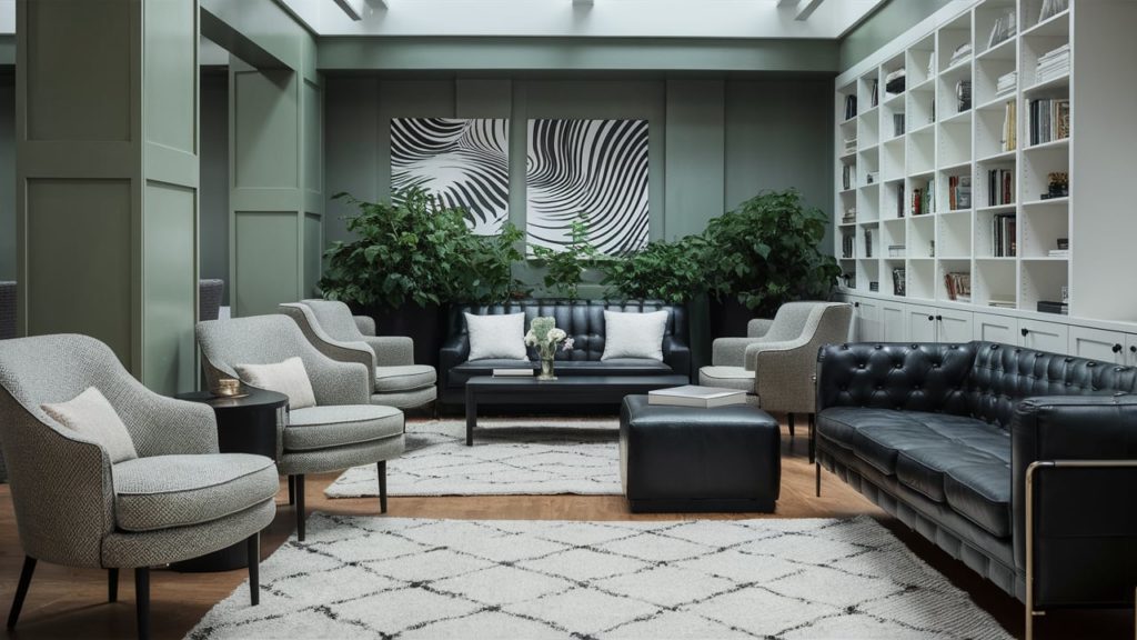 Modern living room with gray-green walls, white accents, and black furniture.