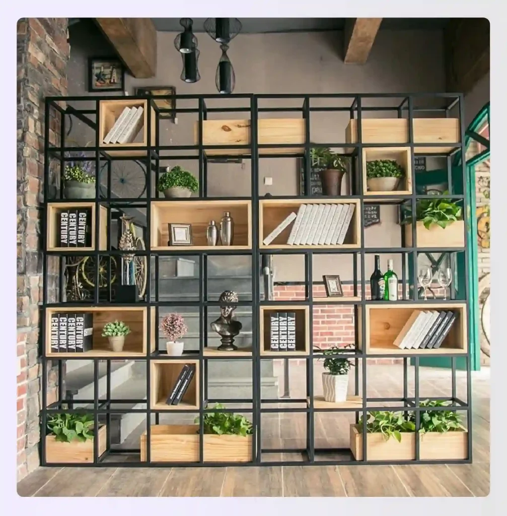 Green plants softening an industrial-style metal shelving unit