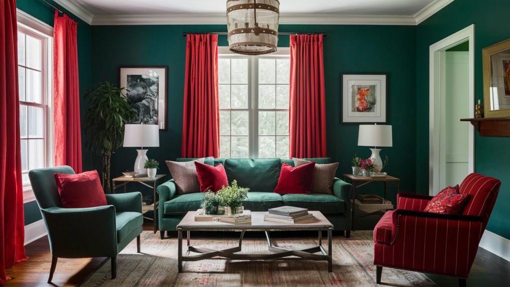 A cozy living room with deep green walls, a green sofa, and red curtains, pillows, and armchair.