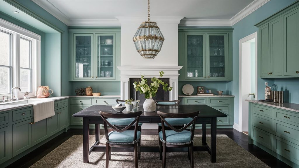 A light blue and emerald green kitchen with a dark wood dining table and a white fireplace.