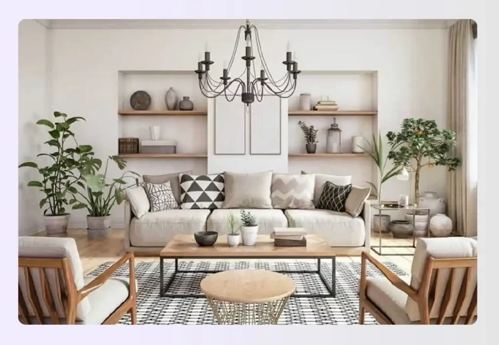 Living room with a neutral hygge interior design