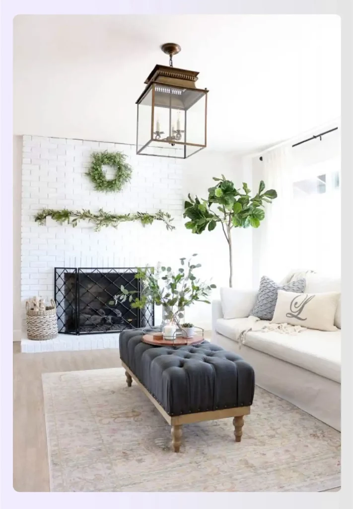 Minimalist living room with a white brick fireplace