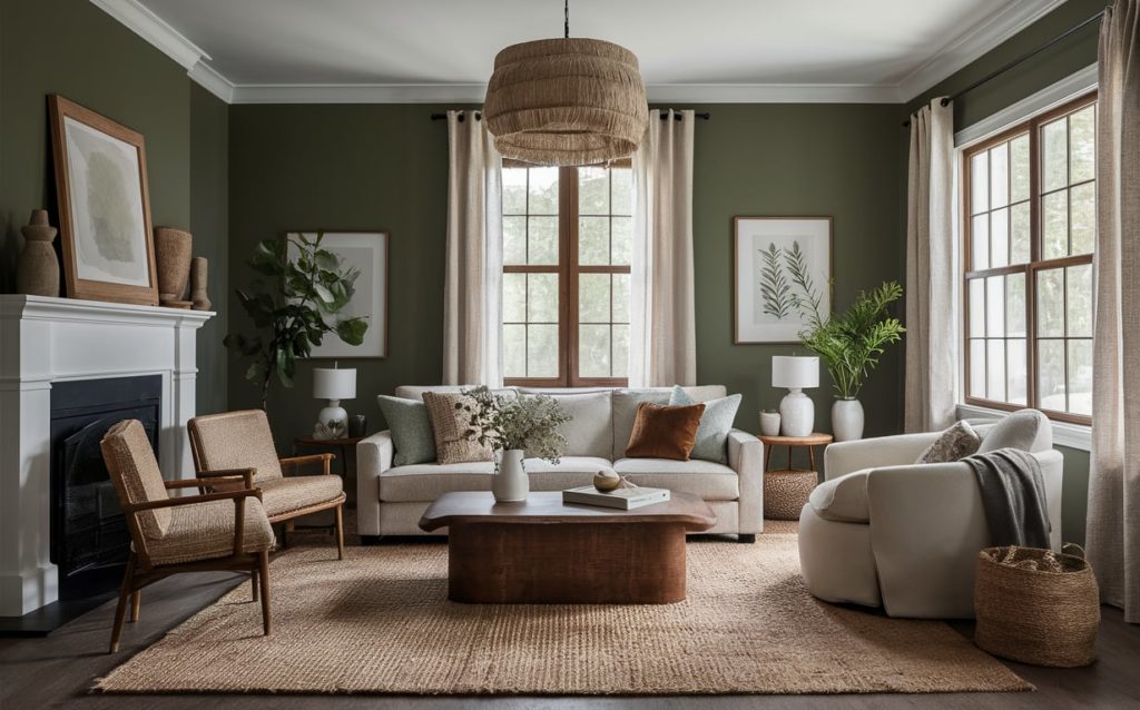 A cozy living room with moss green walls, a white sofa, tan armchairs, and a natural jute rug. A fireplace and large windows complete the space.