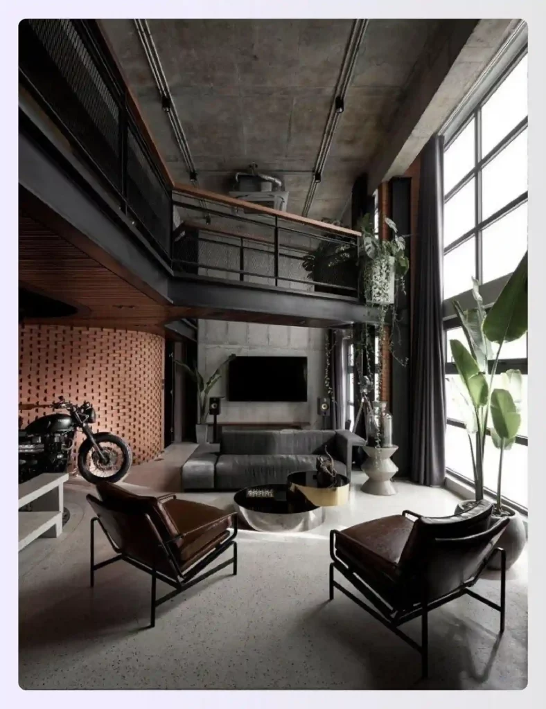 Neutral toned industrial living room with metal accents