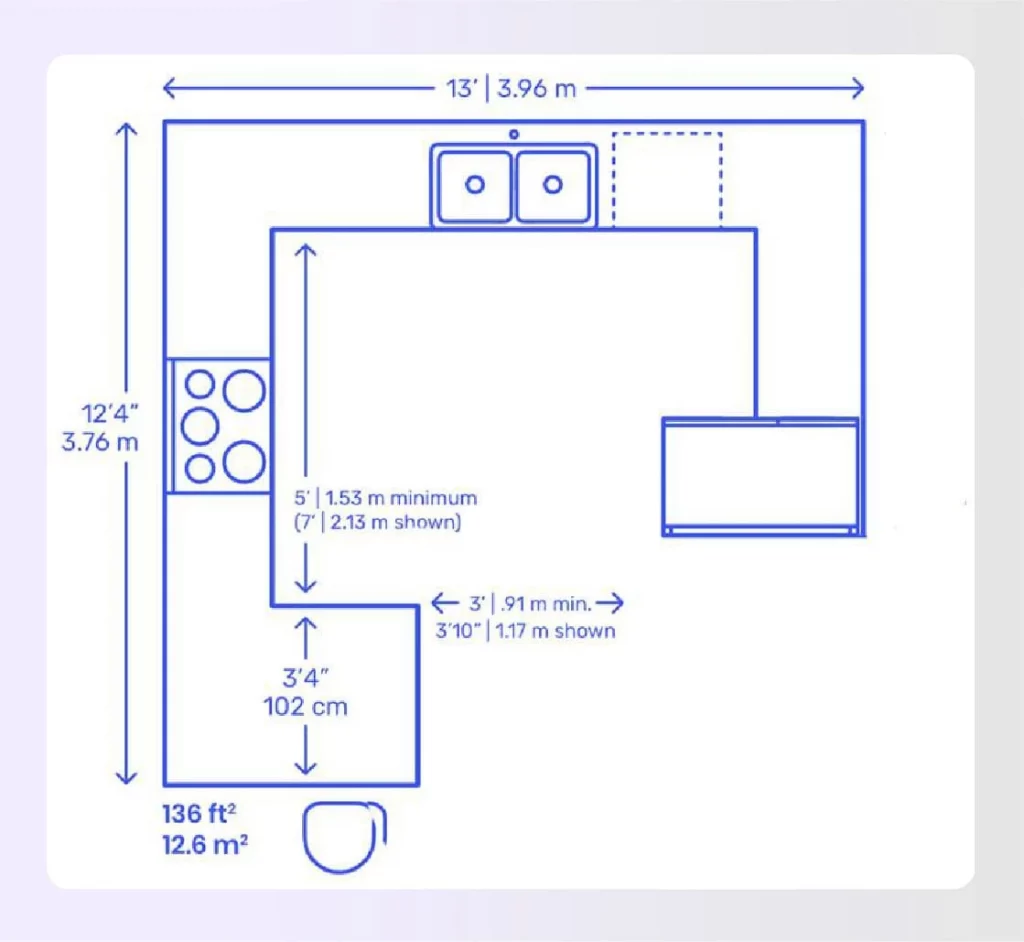 P-shaped kitchen layout idea with seating dimension