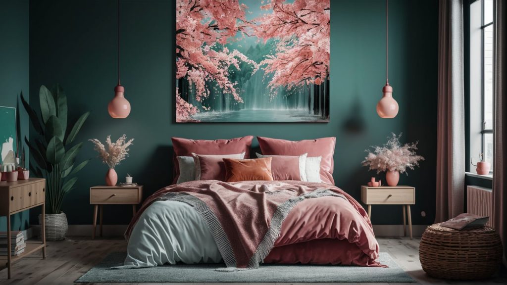 A modern bedroom with a pink bedspread and a green wall featuring a large abstract painting of cherry blossoms and a waterfall.