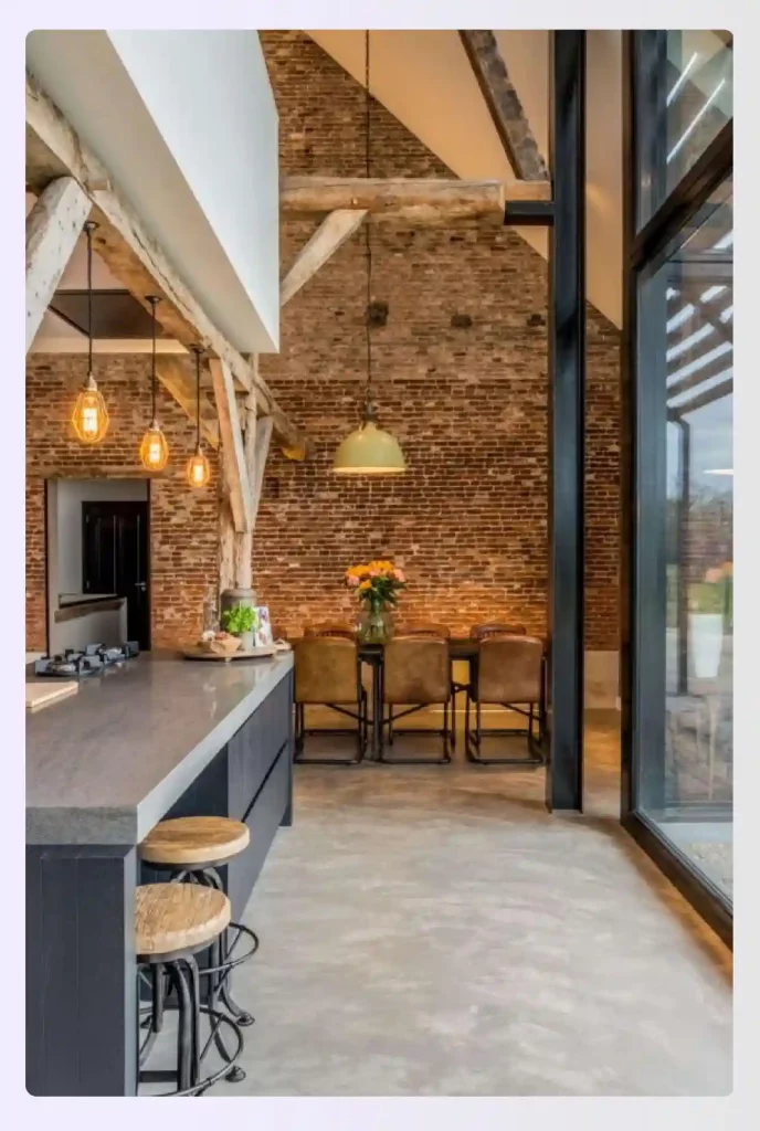 Polished concrete floors in an industrial-style open-plan kitchen