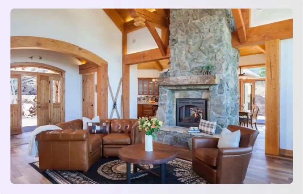 Rustic living room with a stone fireplace
