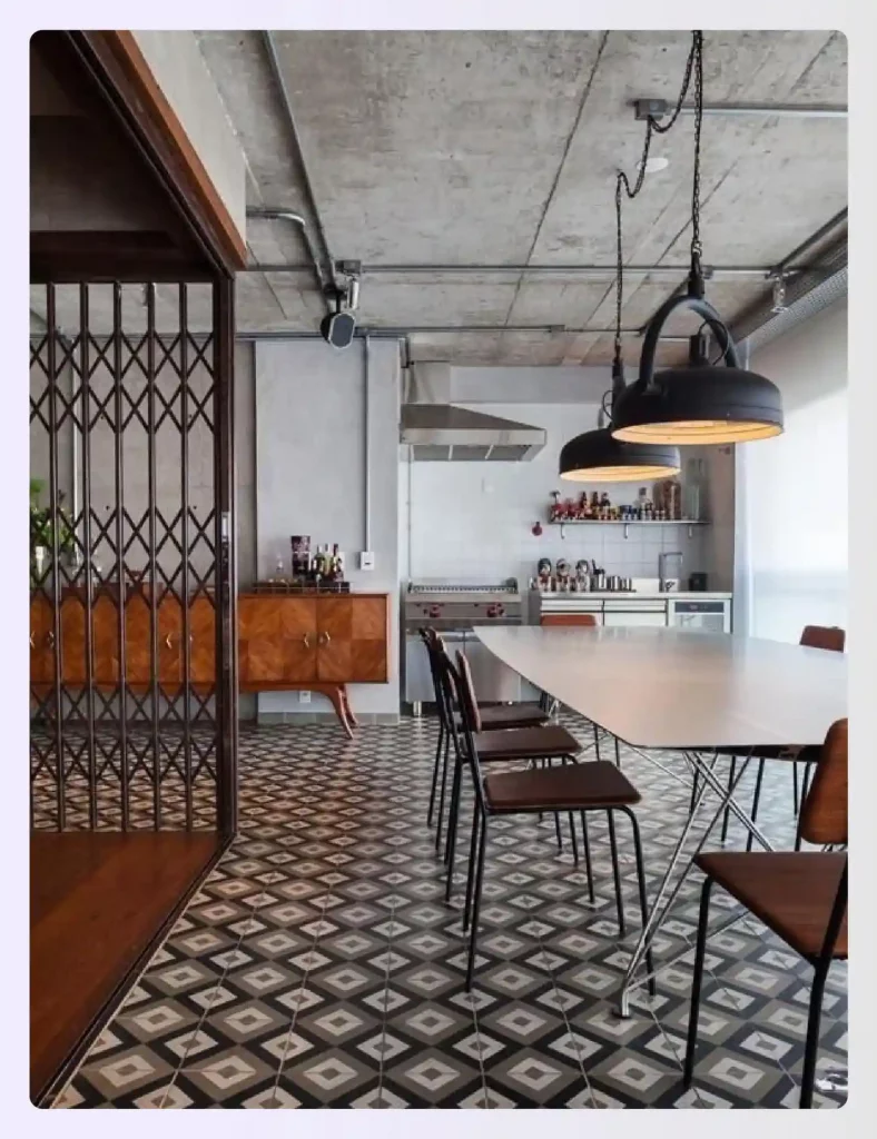 Unique metal pendant lighting in an industrial-style kitchen