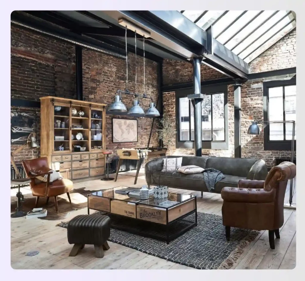 Various metal finishes used in an industrial-style living room