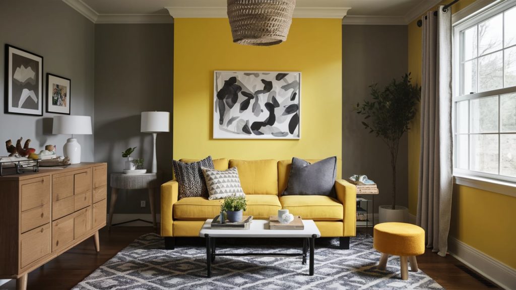 A modern living room with a bright yellow accent wall, a gray sofa, and a patterned rug.