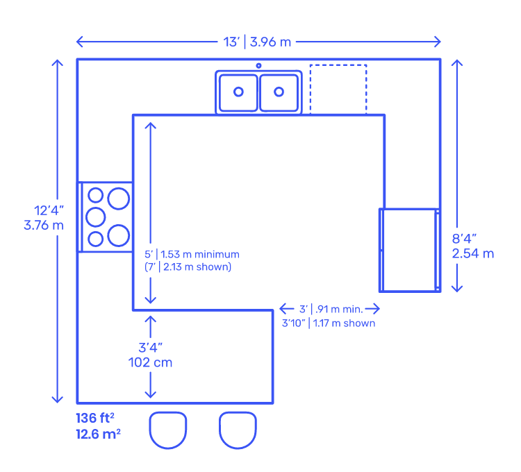g-shaped or peninsula kitchen floor plan with dimensions