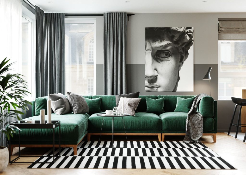 interior color schemes - gray and green and white and black