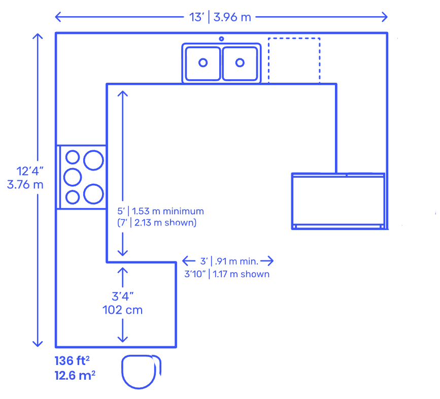p-shaped kitchen floor plan with dimensions