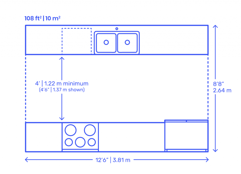 Two Row Galley Kitchen Floor Plan With Dimensions 768x555 