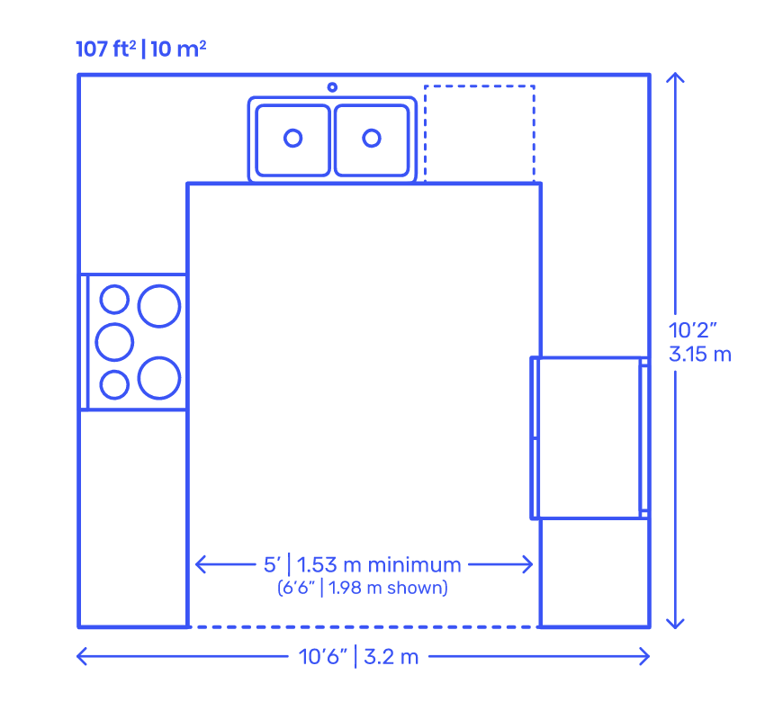 u-shaped kitchen floor plan with dimensions
