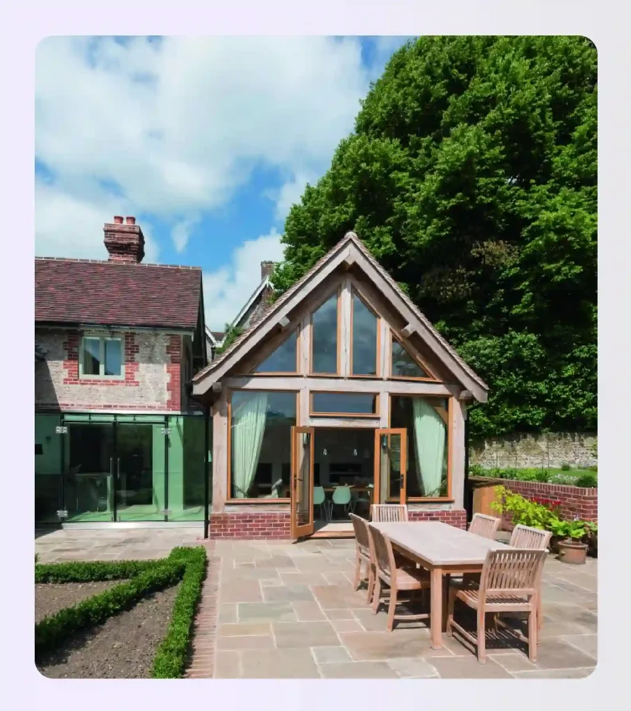 Traditional oak frame extension with pitched vaulted ceiling