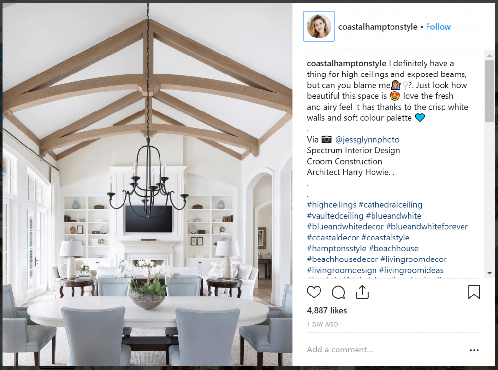 interior design brand on instagram - use engaging copy and hashtags