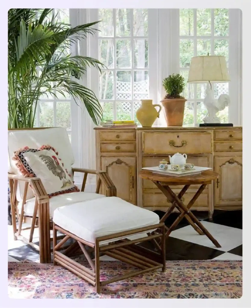 Sunroom with chic stools and vintage furniture
