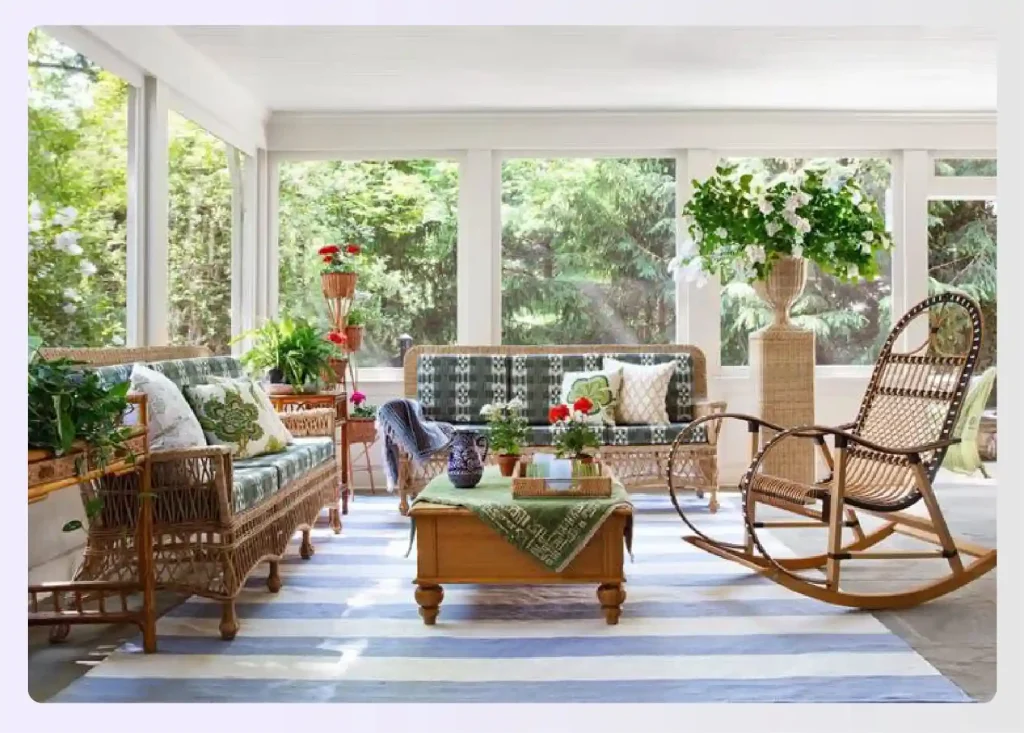 Sunroom with indoor-outdoor rattan furniture