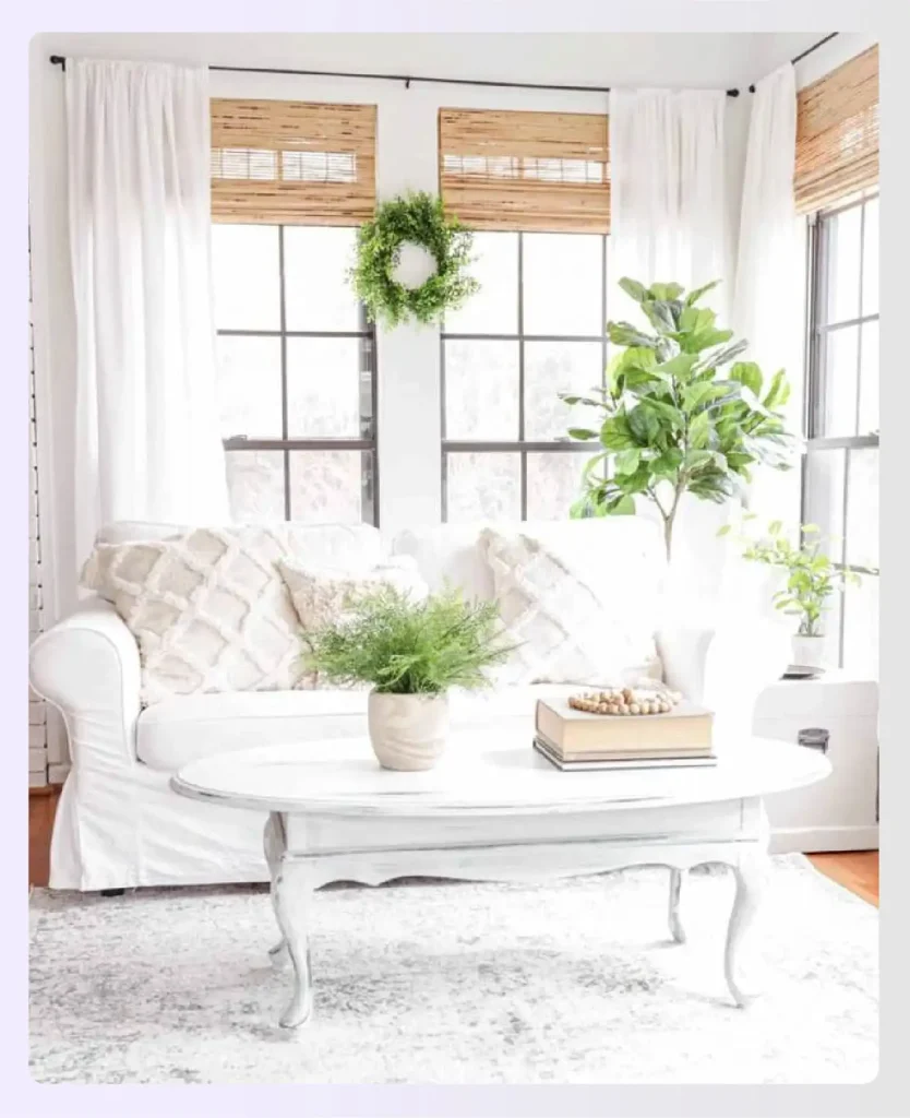 White sunroom with bold textures and plants