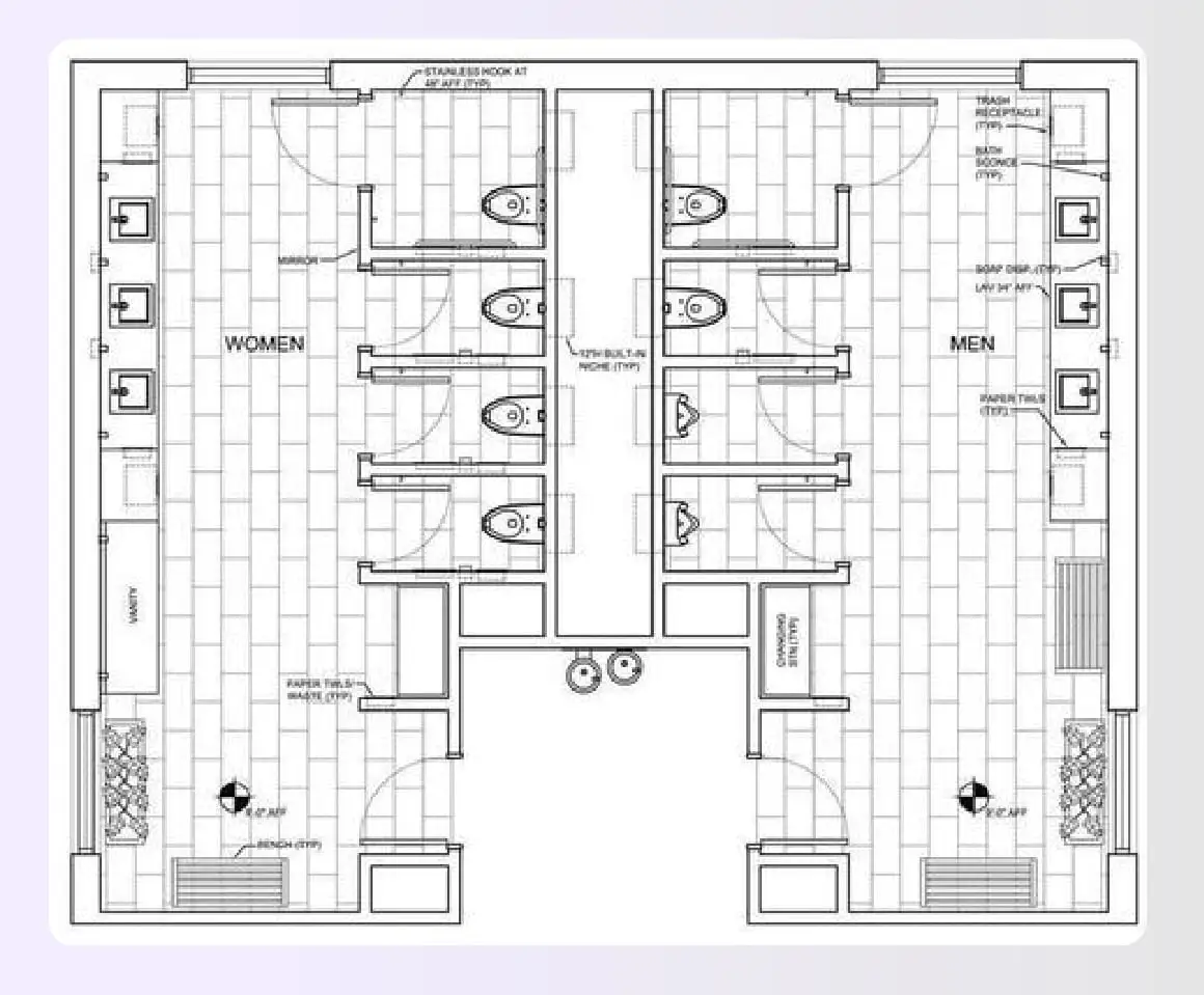 Restaurant restroom layout with emergency exits Restaurant restroom layout with emergency exits