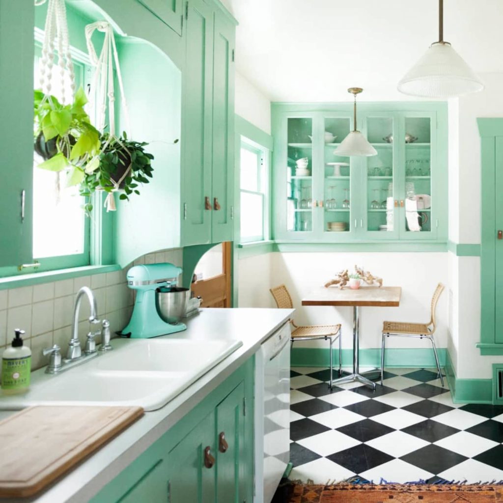 small kitchen design - promote calmness with mint green