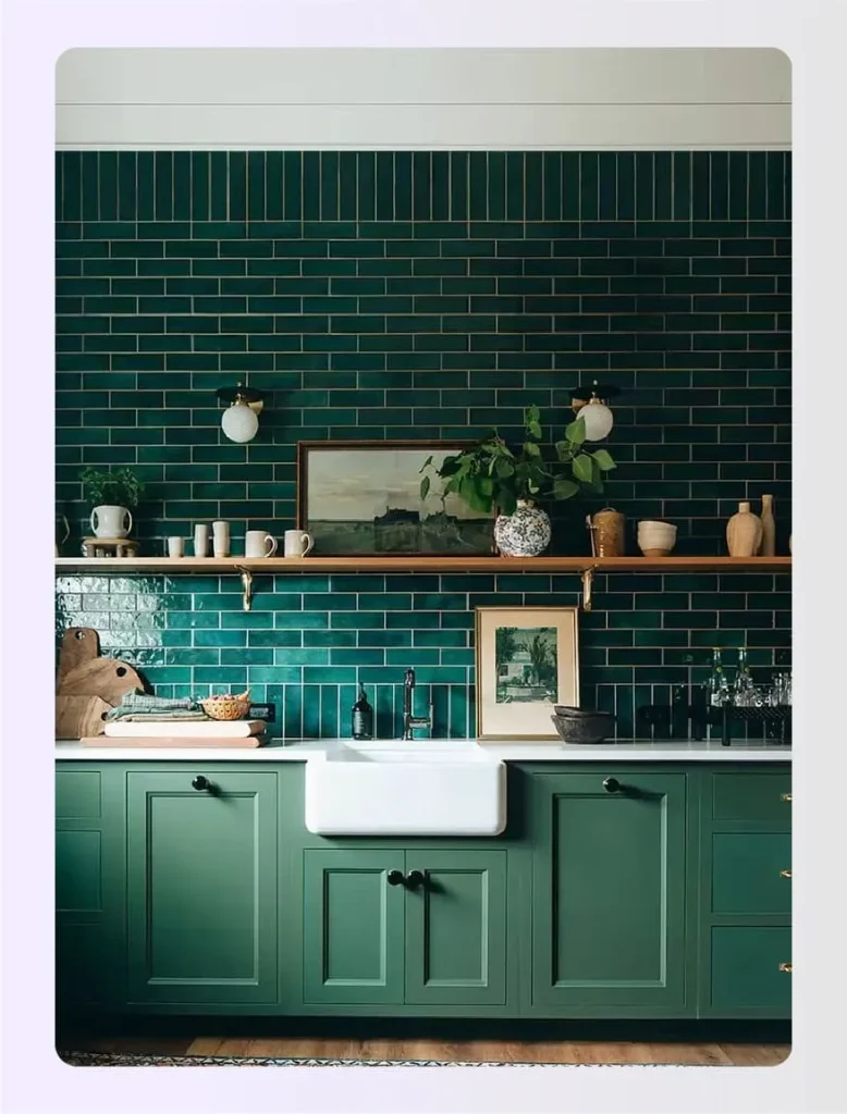 All-green kitchen cabinets with tiled backsplash 