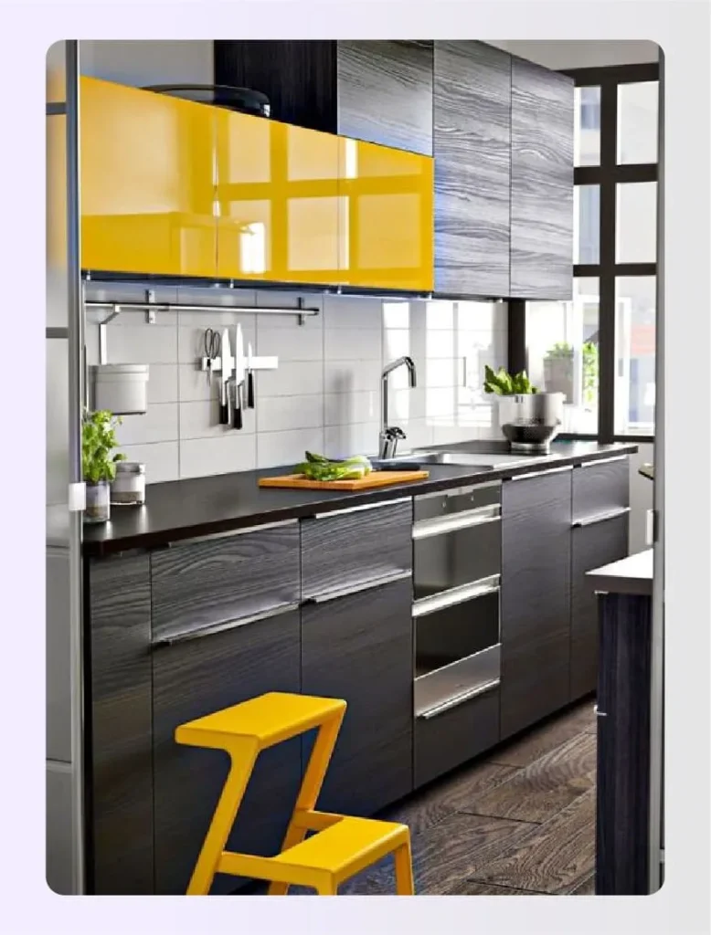Charcoal wood grain cabinets with high-gloss yellow 