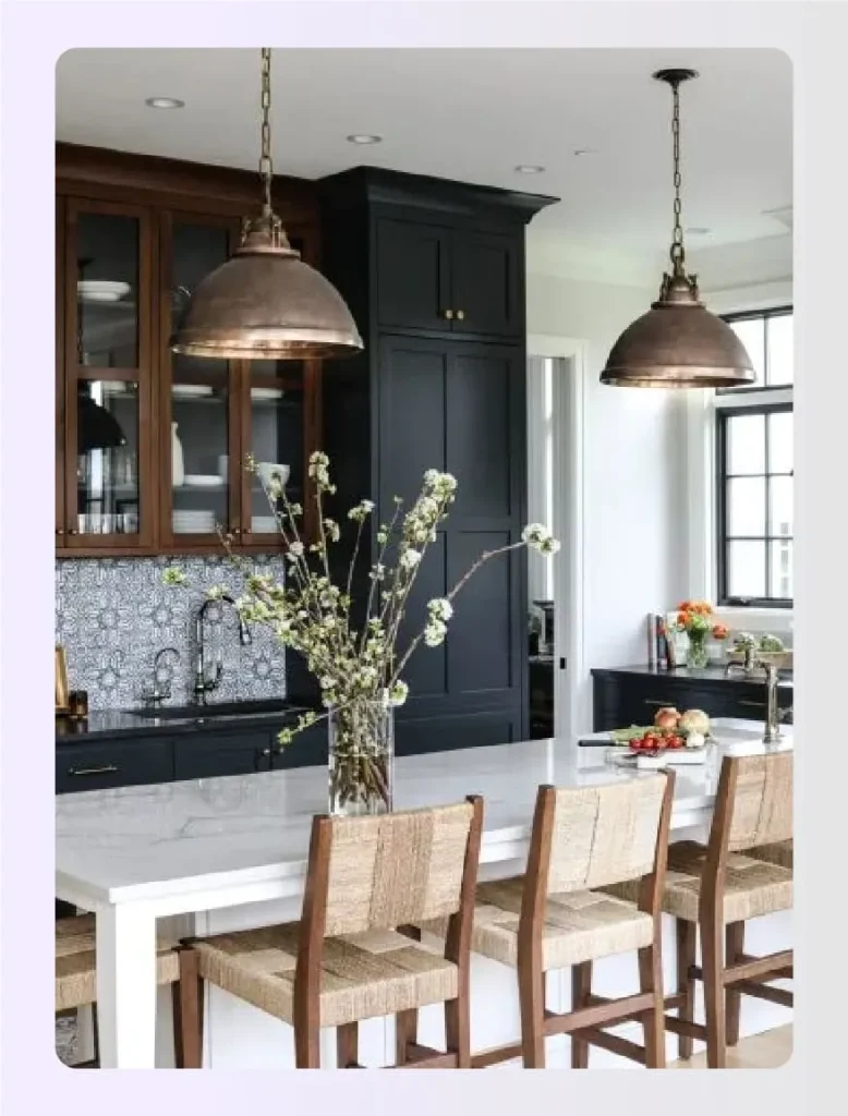 Dark island contrasting with white countertops 