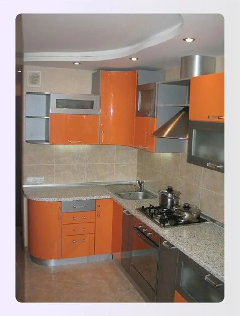 Glossy orange cabinets paired with grey units 