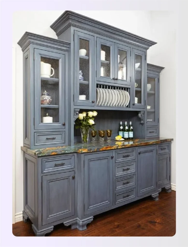 Large grey hutch with glass display doors 