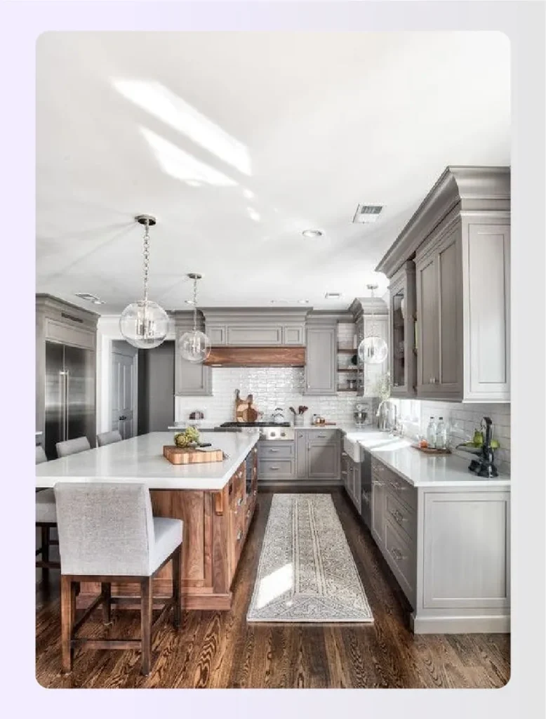 Light gray cabinetry with white countertops 