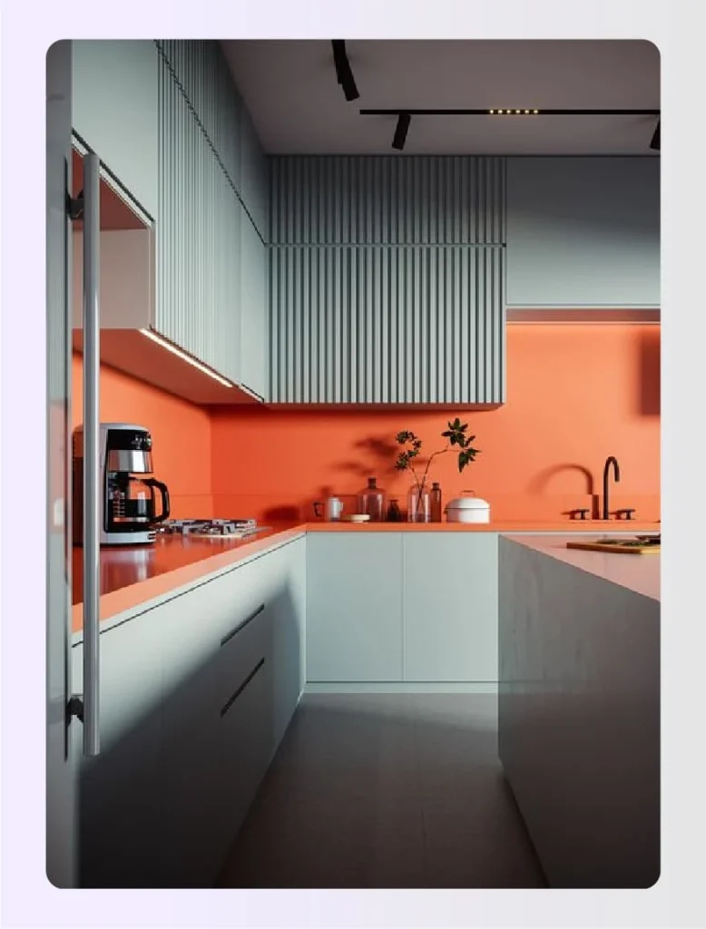 Minimalist grey kitchen with orange accent wall 
