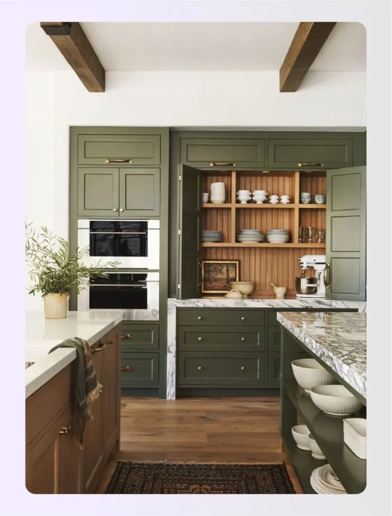 Olive green cabinets with marble countertops 