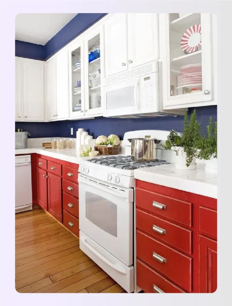 Red base cabinets with blue wall paint 