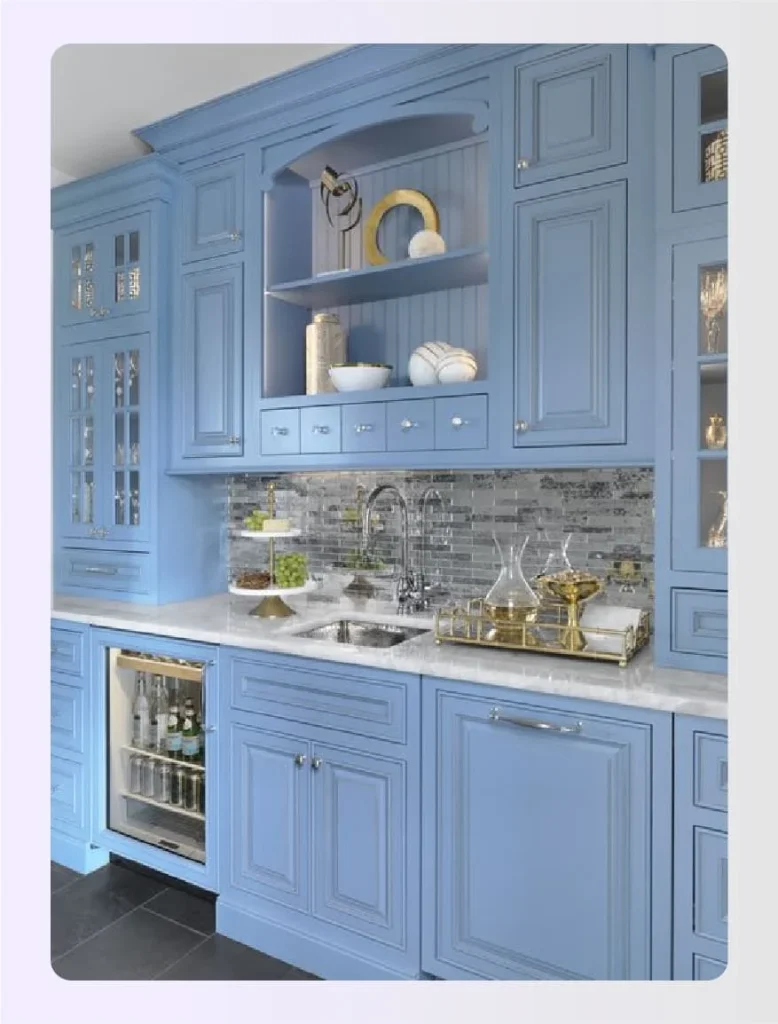 Sky blue shaker cabinets with glass doors 