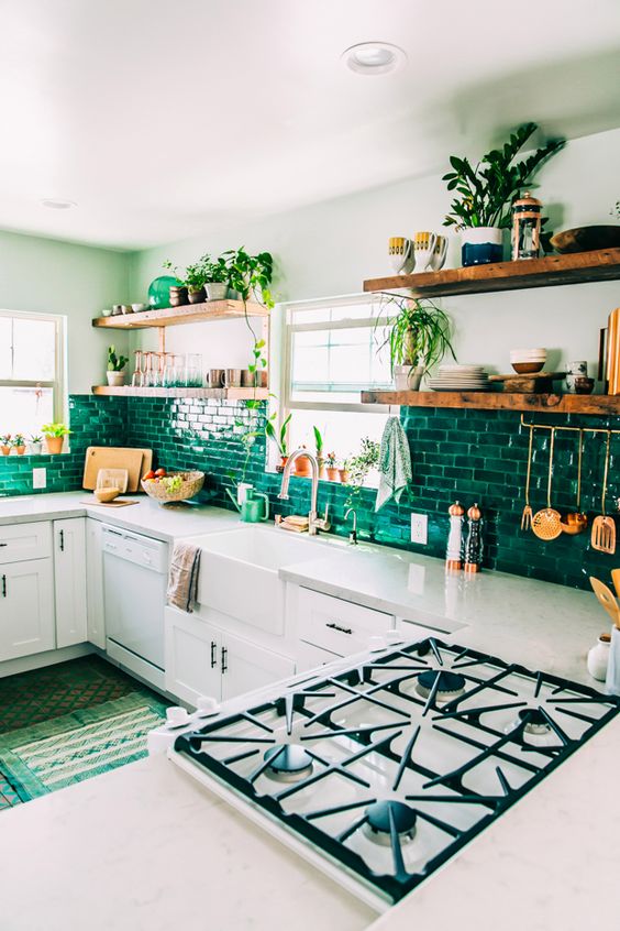 kitchen color schemes - all white and dark green
