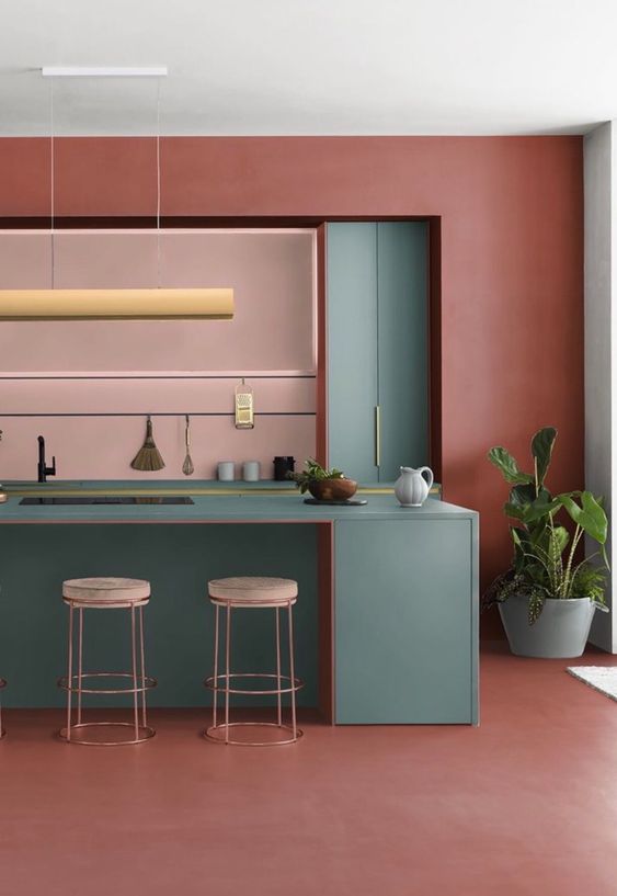 kitchen color schemes - dark and light pink with grey