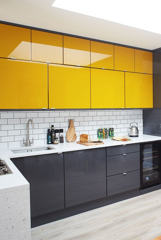 kitchen color schemes - yellow with dark grey and white