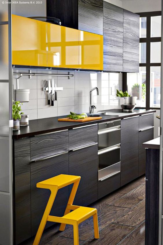 modular kitchen with yellow and charcoal black