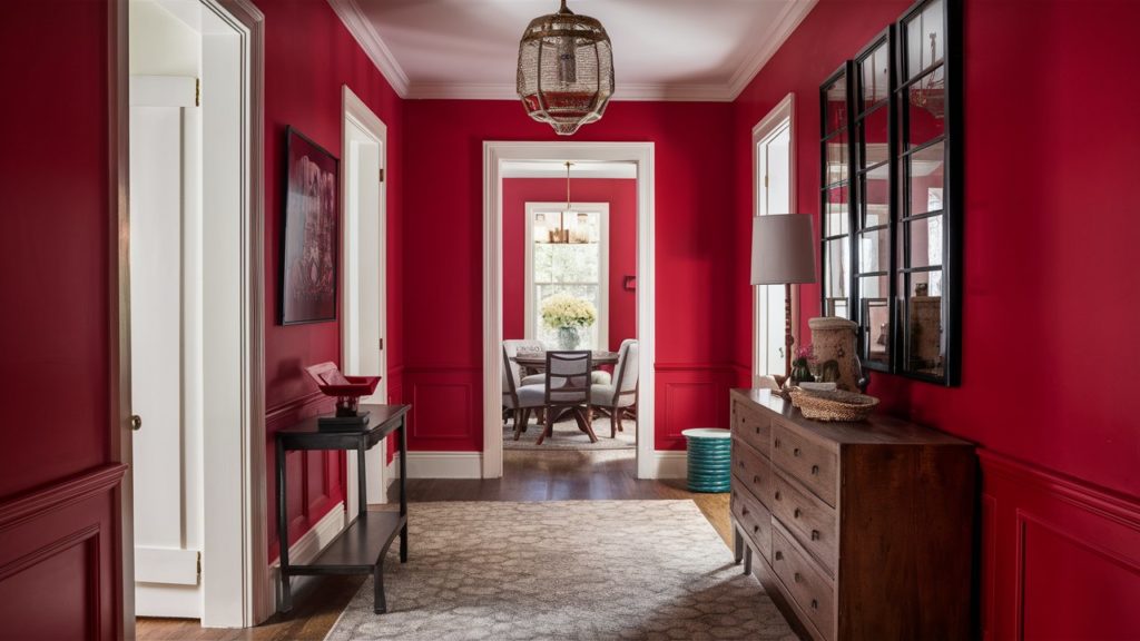 Red hallway with a patterned rug, console table, and decorative items.