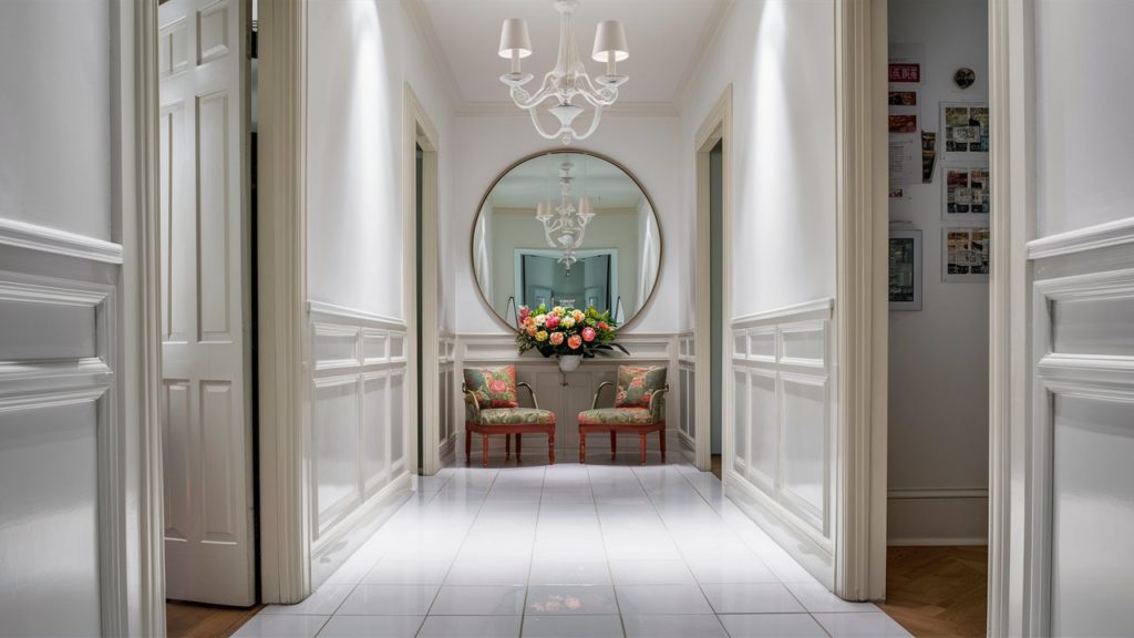 A long, white hallway with a chandelier, two chairs, and a round mirror.