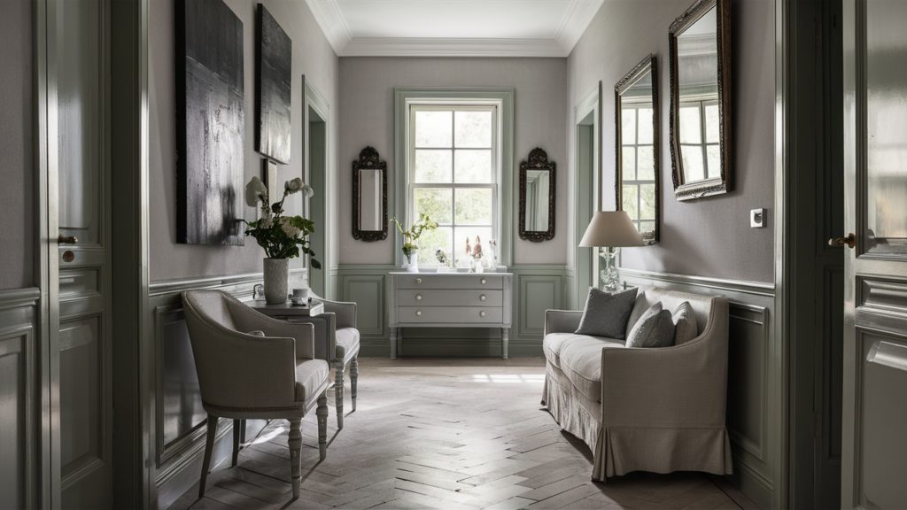 A long, narrow hallway with gray walls, a herringbone floor, and a white sofa.