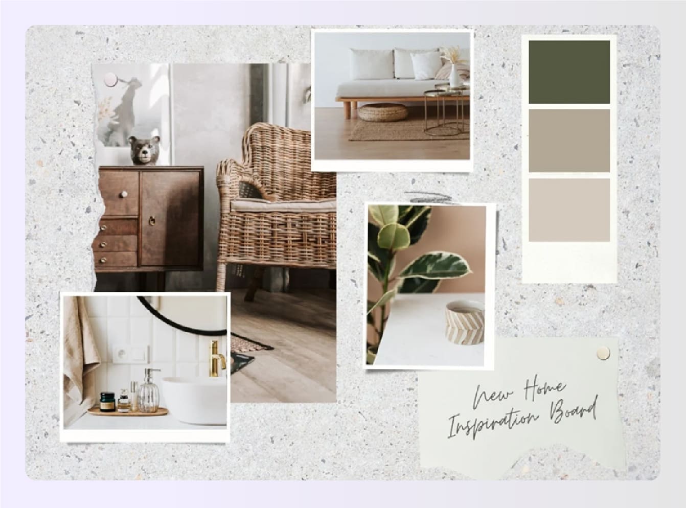 An interior design mood board with furniture and swatches