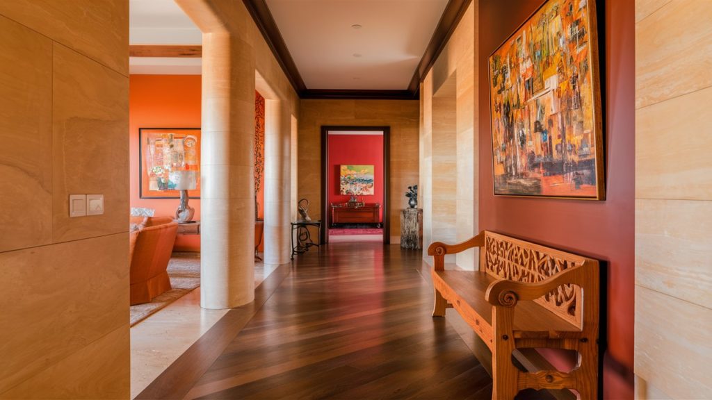 Hallway with beige walls and wooden floor, decorated with artwork and a wooden bench.