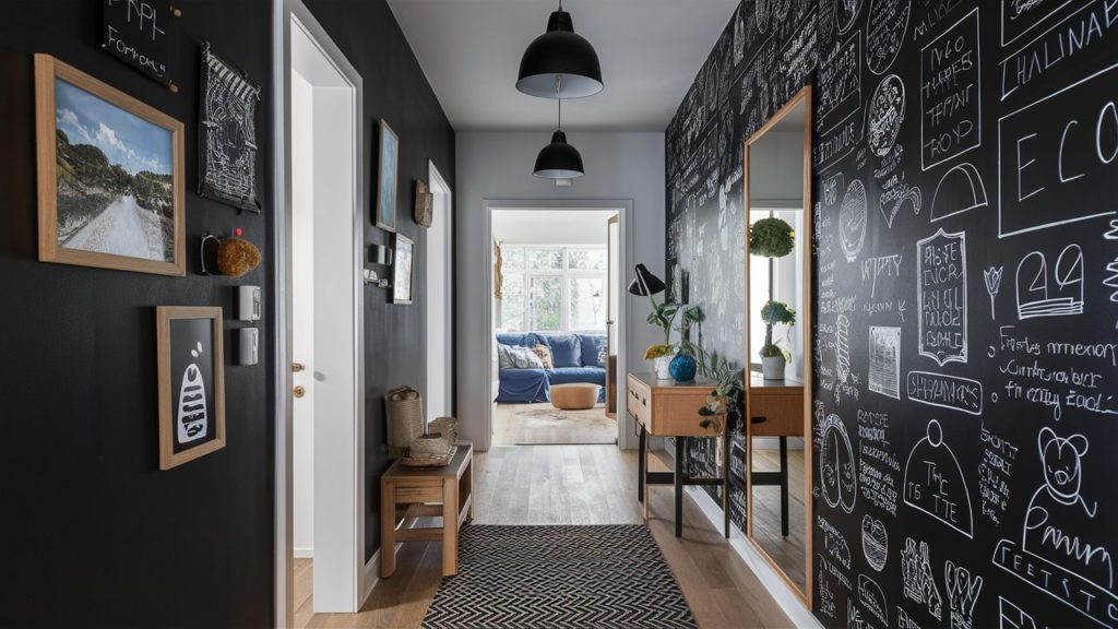 Black and white hallway with a chalkboard wall and various decorations.